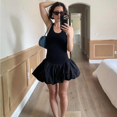 Black Friday JazzHer Fashion Knitted Vest Patchwork Dress For Women Sleeveless High Waisted Backless Solid Color Folds Summer Commuting Dress