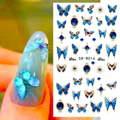 JazzHer 1 Sheet Blue Butterfly 5D Nail Stickers Jewelry Holographic Colorful Letter Self Adhesive DIY Sliders Decal Manicure Decorations