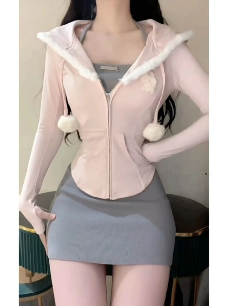 JazzHer 2024 Japanese Style Kawaii 3 Piece Set Hooded Cute Pink Coat + Casual Vest + Y2k Mini Skirt Sweet Fashion Suit Woman Chic