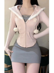 JazzHer 2024 Japanese Style Kawaii 3 Piece Set Hooded Cute Pink Coat + Casual Vest + Y2k Mini Skirt Sweet Fashion Suit Woman Chic