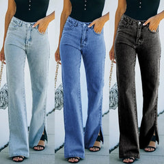 JazzHer Washed Jeans Women Vintage Wide Leg Pants Denim High Waist Pockets Zipper Fly 2024 Female Casual Denims Split Full Length