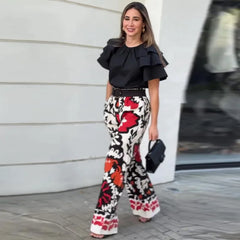 JazzHer Two Pieces Pant Sets Print Pullover Tops Wide Leg Pants Loose Casual Women Matching Sets Ruffles 2024 Pockets Ankle Length