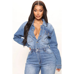 JazzHer Women Jeans Jumpsuits Single Breasted Solid Denim Washing Overalls Pockets High Street Button Pencil Pants Ankle Length