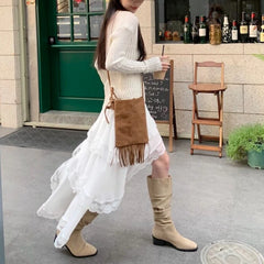 JazzHer 2024 Spring New Streetwear Lace Splicing Asymmetric Cake Skirt Women + V-neck Casual Knitted Long-sleeved T-shirt Two-piece Suit