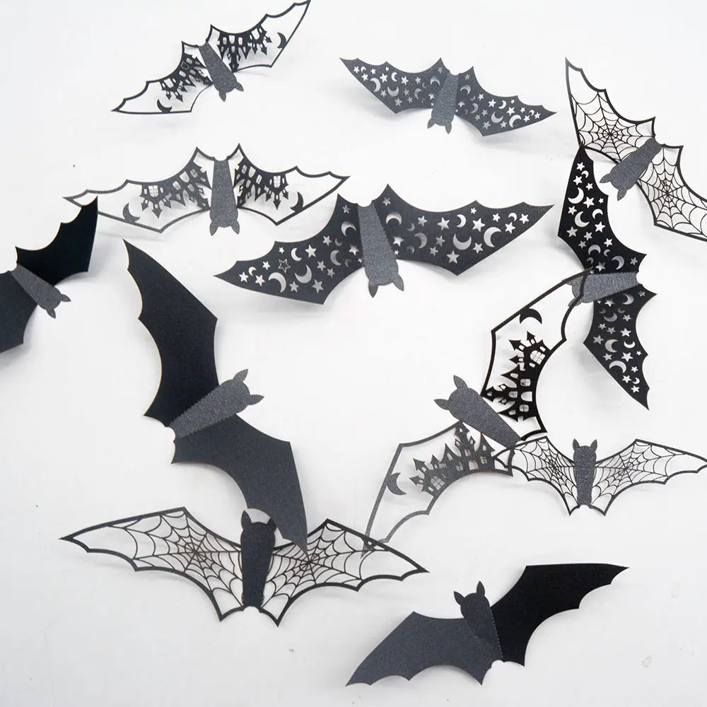 JazzHer New 12Pcs Halloween 3D Hollow Bat Wall Stickers Black Bat Sticker Room Decor Party DIY Decals Halloween Horror Bats Removable