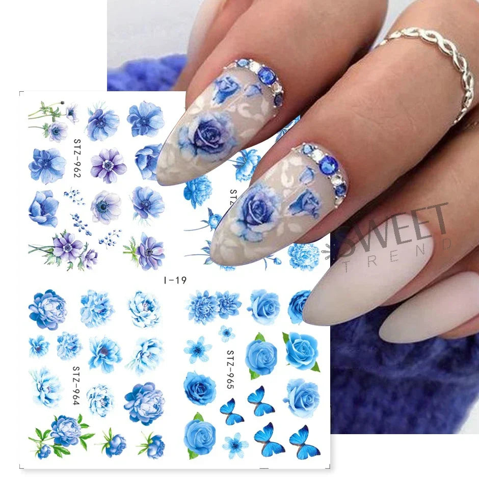 JazzHer 4 In 1 Watercolor Flowers Leaf Charms Nail Stickers Simple Floral Abstract Design Sliders Foils Spring Manicure Watermark Tattoo