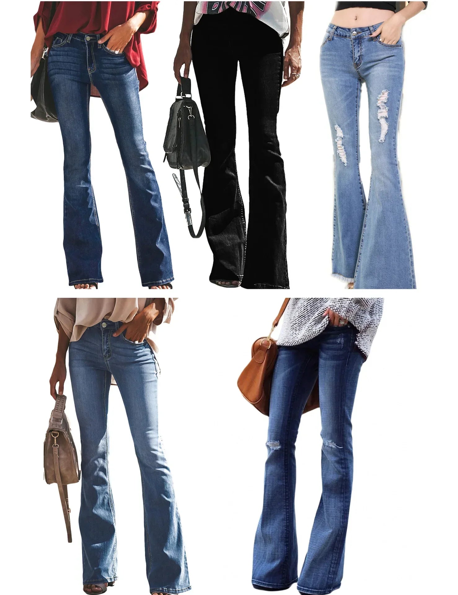 JazzHer Women Jeans Boot Cut Denim Washing Flare Pants Loose Fit Pockets High Street Solid Mid Waist Zipper Fly 2024 Ankle Length