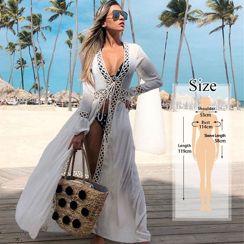 JazzHer Elegant Women Tunic Summer Fashion Long Beach Dress Sexy Patchwork Short Sleeve Front Open White Robe Dress Pareos Q561