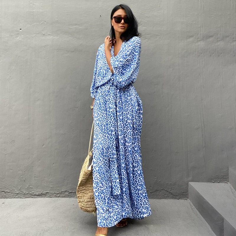 JazzHer 2024  Leopard Self Belted Side Split Summer Beach Dress Long Tunic Women Clothes Plus Size Beachwear Maxi Dress Q1226