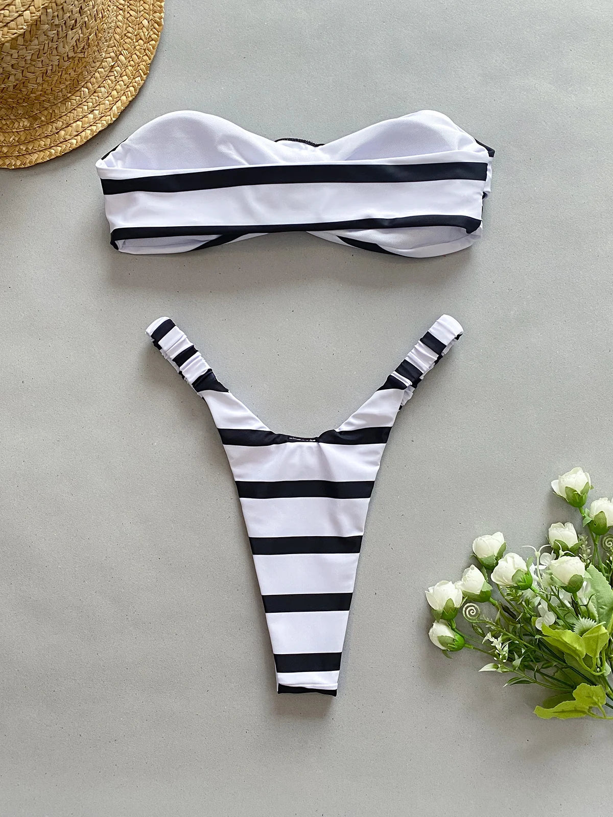 JazzHer Bandeau Bikinis 2023 Sexy Women Swimsuits Swimwear Female Floral Striped Thong Brazilian Bikini Set Bathing Suit Swimming Suits