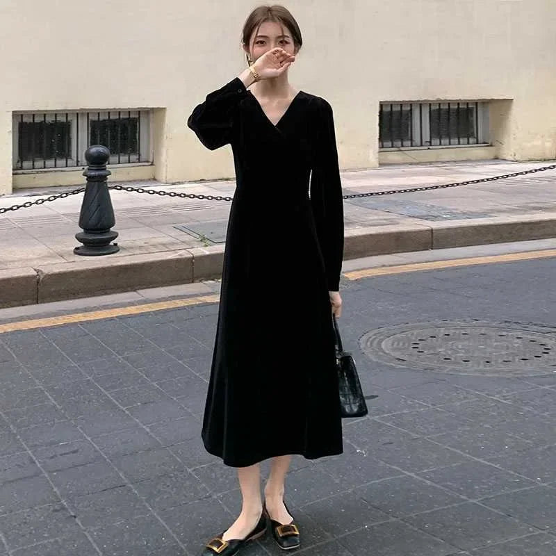 JazzHer Dress Women 2024 Autumn Office Lady Long Dresses Solid Tight Waist Full Sleeve V Neck A Line Elegant Temperament Vestidos