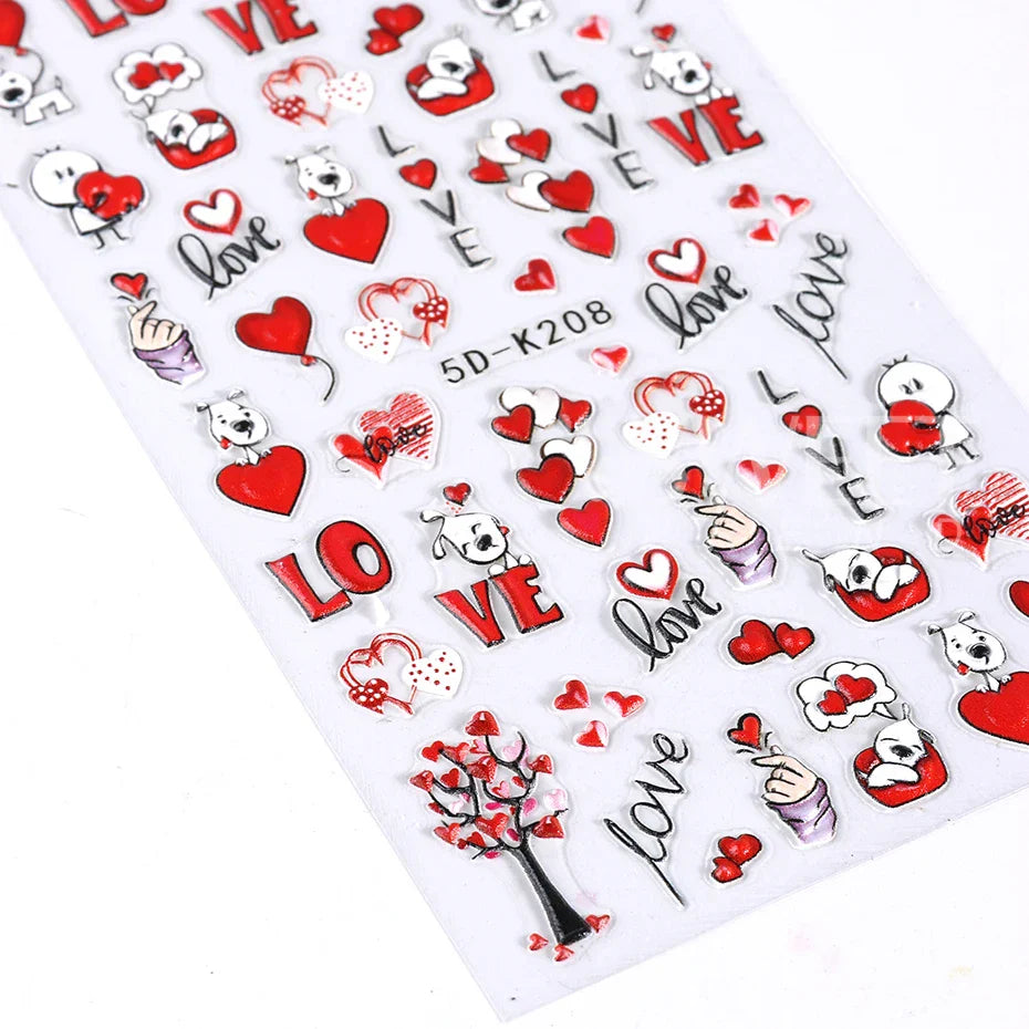 JazzHer 5D Acrylic Flowers Leaf Nail Art Stickers Embossed Love Heart  Nail Slider Decals Valentine's Day.Design Simple Manicure Decor