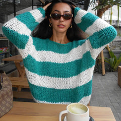 JazzHer Y2K Vintage Lounge Knitwear Casual Loose Fit Striped Sweater Autumn Winter O Neck Long Sleeve Pullover Tops Aesthetic Streetwear