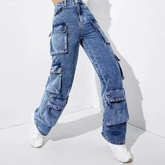 JazzHer Jeans Women Straight Cargo Pants Denim High Waist Vintage Pockets Button Basics Ankle Length Trousers 2024 Autumn Streetwear