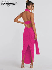 JazzHer Matching Suit Halter Backless Solid Maxi Hip Ruched Skirt Sexy Sleeveless Vestidos Elegant 2024 Clothes Club Y2K Classic