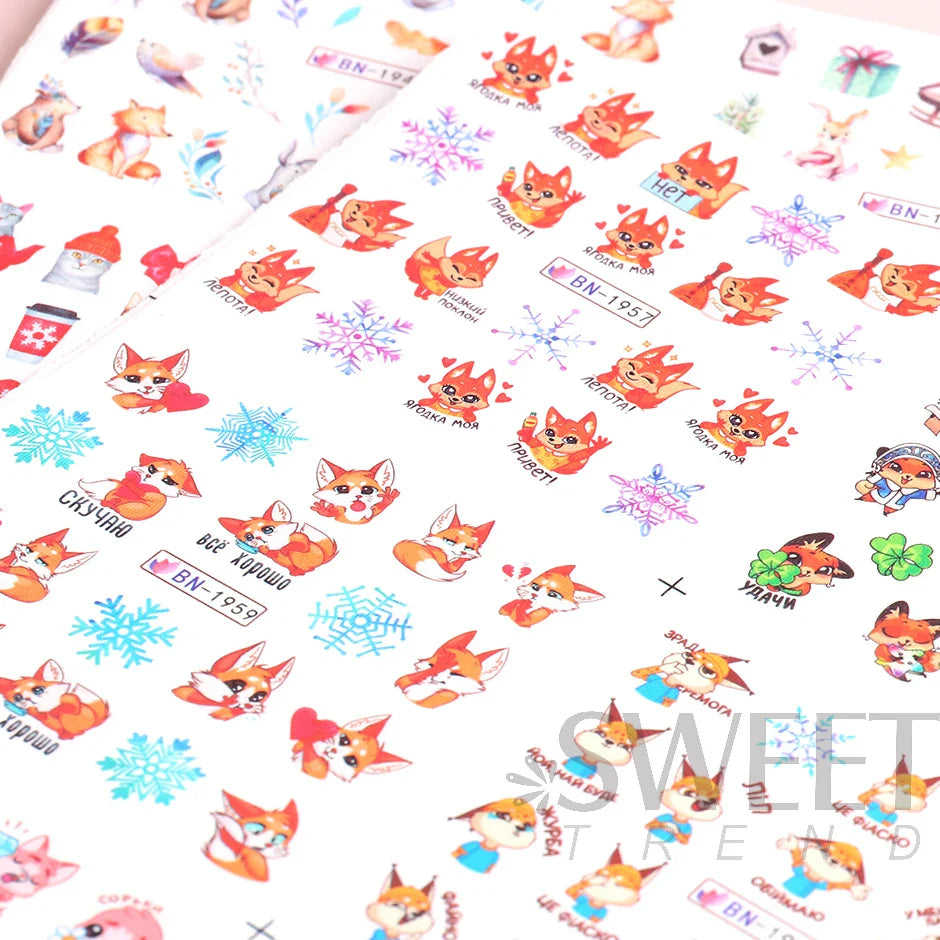 JazzHer 12pcs Anime Fox Water Nails Sliders Snowflakes Forest Animal Squirrel Decals Winter Theme DIY Manicure Foils Stickers Decor LYBN