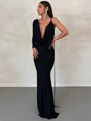 JazzHer Elegant Backless Sexy Maxi Dress For Women Robe 2024 Spring New V Neck One Sleeve Lace-up Party Long Dress Vestido