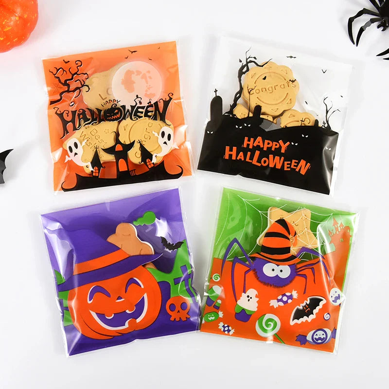 JazzHer 100pcs Halloween Candy Bag Ghost Pumpkin Plastic Cookie Gift Packaging Bags Happy Halloween Party Decoration Kids Trick or Treat