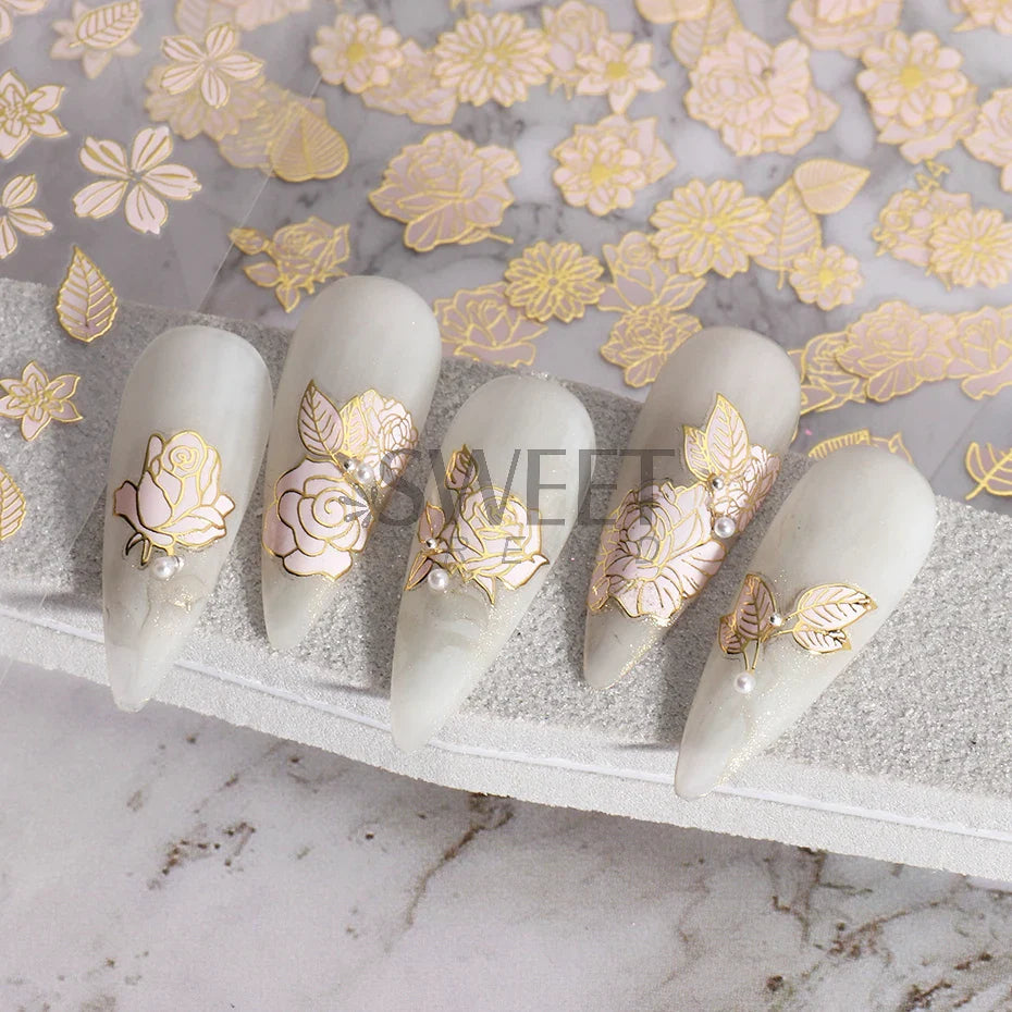 JazzHer Bronzing Elegant Flowers Nail Art Stickers Metallic Silver Line Design Tulip Rose Floral Butterfly Spring Charm Manicure Decals