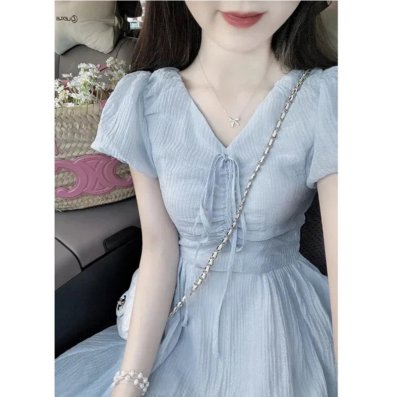 JazzHer Korean Style Folds Women Dress for Women Sweet Fairy Slim Fit Dress Tighten The Waist Fashion 2024 New Spring Summer Dress