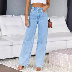 JazzHer Denim Women Jeans Straight Pants Washing High Waist Loose Fit Pockets Button Basics Solid Color Denims Casual Wide Leg Trousers