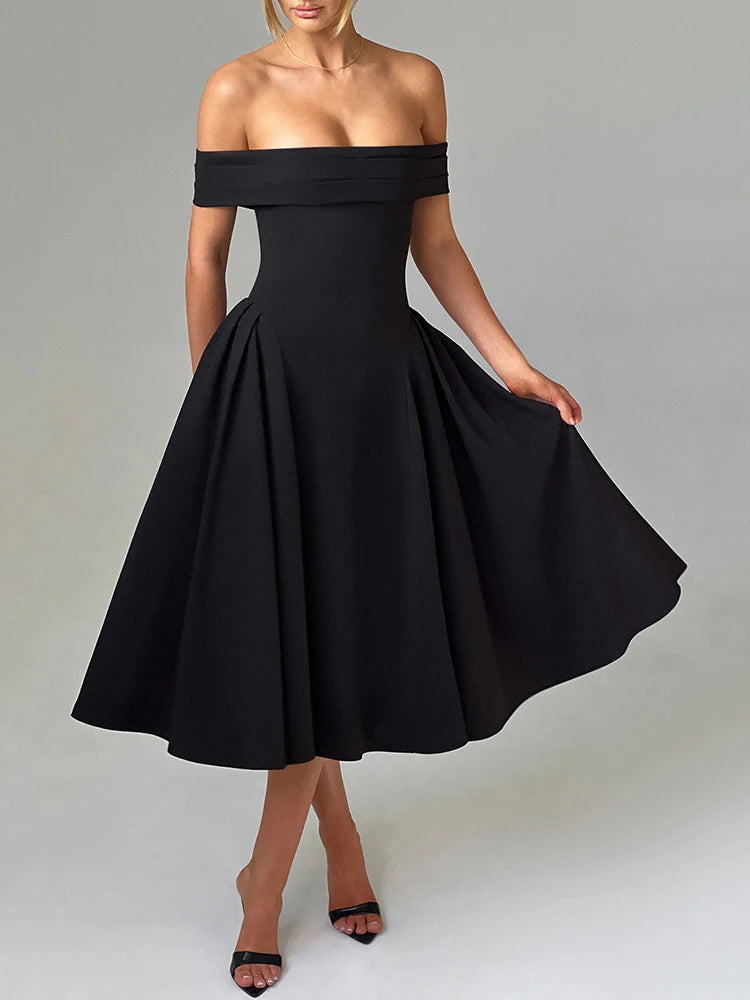 JazzHer Off-shoulder Backless Sexy Midi Dress For Women Fashion Solid Strapless Sleeveless A-line Loose Pleated Long Dress