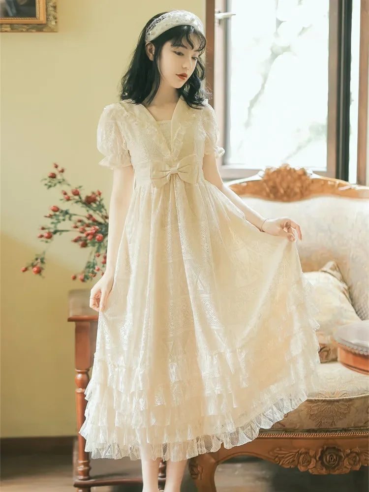 JazzHer French Palace Style Princess Dress for Women First Love Bow Lace Sweet Kawaii Dresses Romantic Retro Summer Dress