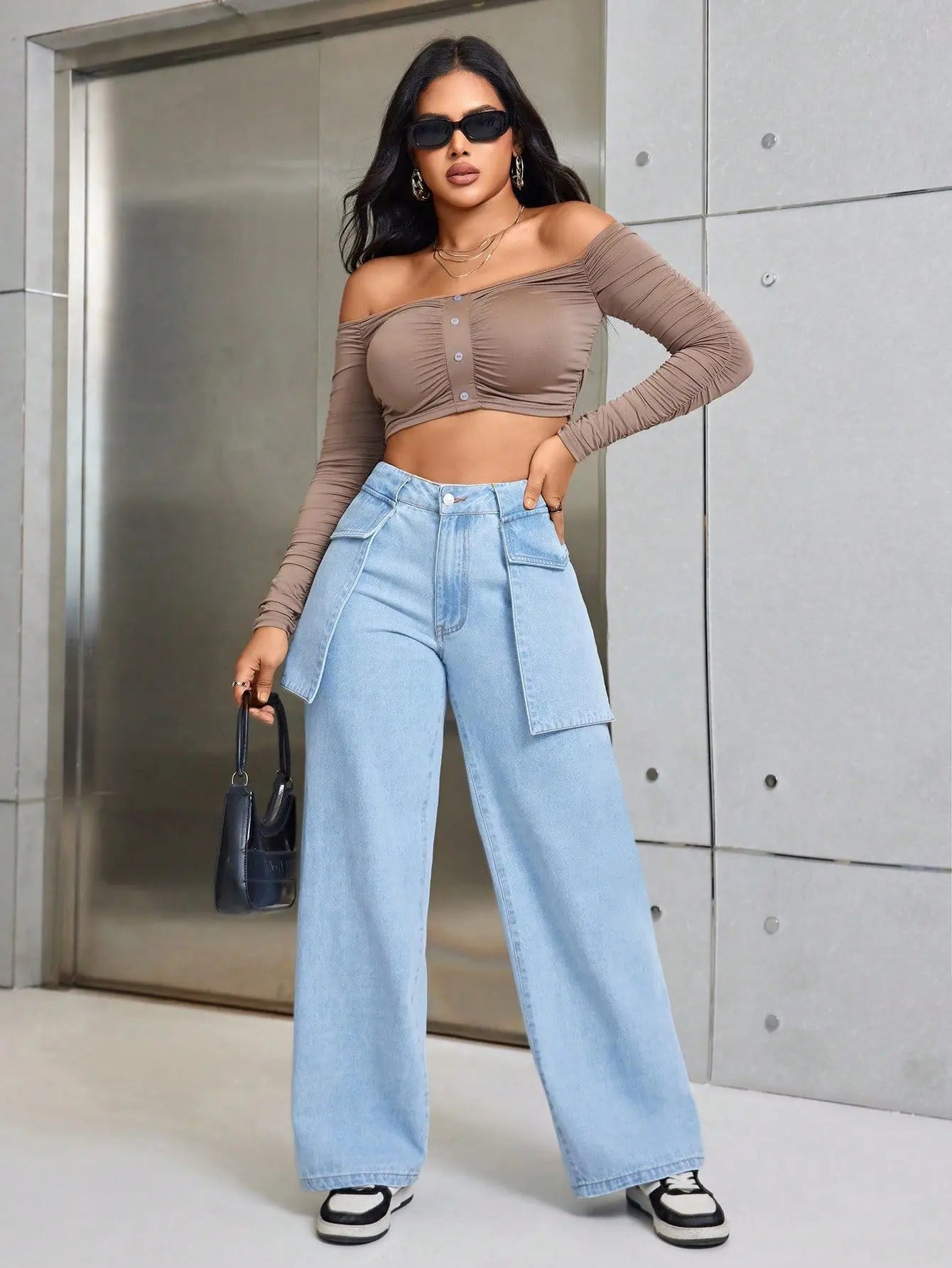 JazzHer Wide Leg Denim Pants Spliced Washed Pockets Cargo Jean Loose Solid High Waist Women Distressed Safari Style Jeans Autumn