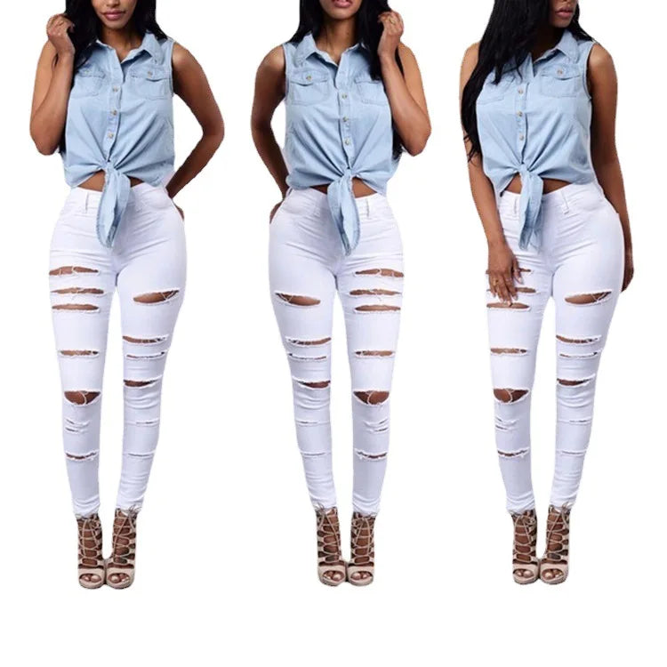 JazzHer Sheath Ripped Jeans Women Ankle Length Denim Hole Pencil Pants Pockets High Waist Punk Style Solid Distressed Skinny 2024