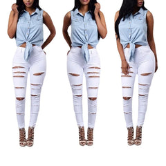 JazzHer Sheath Ripped Jeans Women Ankle Length Denim Hole Pencil Pants Pockets High Waist Punk Style Solid Distressed Skinny 2024