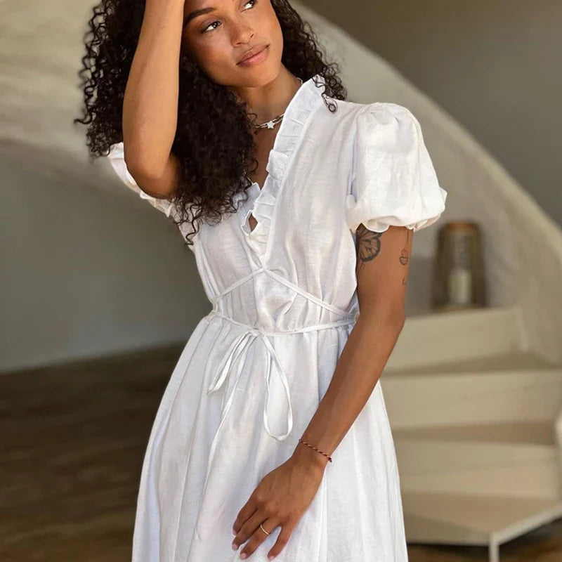 Black Friday JazzHer Leisure V-Neck Lace Up White Maxi Dress For Women Solid Color High Waisted  Short Sleeves Ruched Patchwork Girdle Dress