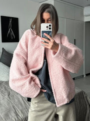 Black Friday JazzHer Pink Short Fur Jacket Coat For Women Autumn Winter Casual Stand Collar Pocket Loose Fashion Long Sleeve Jacket Top Female