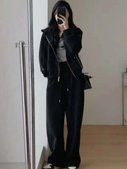 JazzHer 2024 Fall Fashion Loose Pant Set 2 Piece Sets For Women Basics Long Sleeve Hoodies Coat Wide Leg Pants Solid Casual Fashion Suit Spring Autumn New