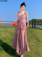 JazzHer Elegant Pink Ruffles Dresses Summer Casual Spaghetti Straps Split Holiday Vestidos Women Slim Vintage Pleats Robe Beach Clothes