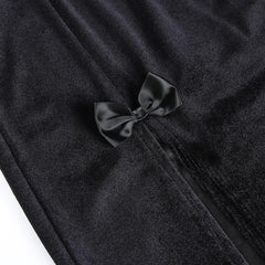 JazzHer Women's Gothic style dark bow suede double slit long skirt