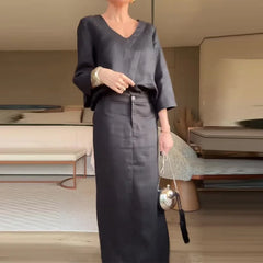 JazzHer Two Piece Set Women Blouse Skirt Suit Solid Colour Top V Neck Split Long Skirts Outfits Button Temperament Female Dress Sets