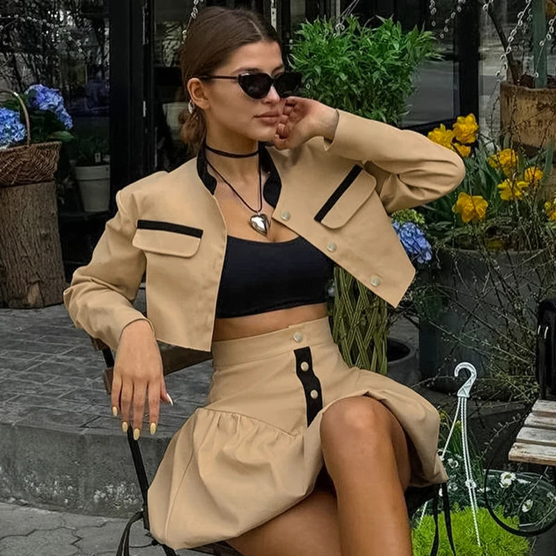 JazzHer Autumn New Navel Bud Skirt Suit Women's Lapel Long Sleeve Short Cardigan Fashion Streetwear Slim Matching Sets Female