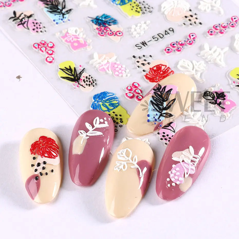 JazzHer 5D Embossed Leaf Nail Stickers Summer Autumn Flowers Slider Leaves Line Patter Design Nail Art Decals DIY Manicure Decorations