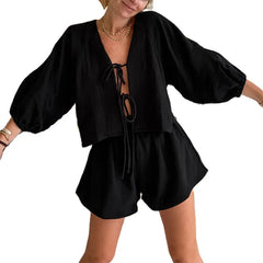 JazzHer Beach Style Vacation Loose Fit 2 Piece Outfits Front Tie Up V Neck Long Sleeve Blouse T-shirt + Shorts Women Vintage Lounge Set