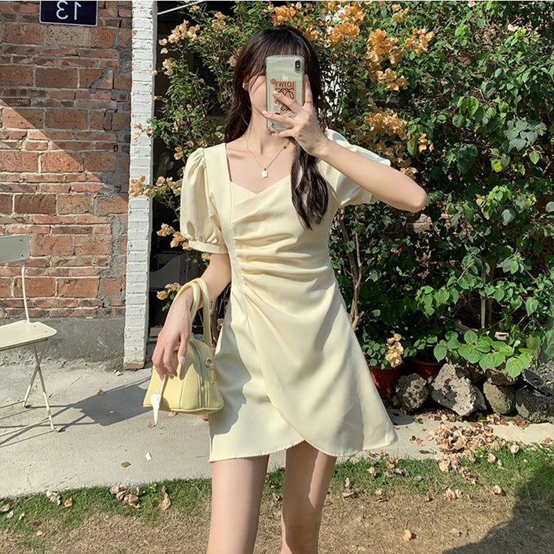 JazzHer French Style Fashion Irregular Women Dress for Tighten The Waist 2024 New Spring Summer Dress Women Kawaii Fairy Slim Fit Dress