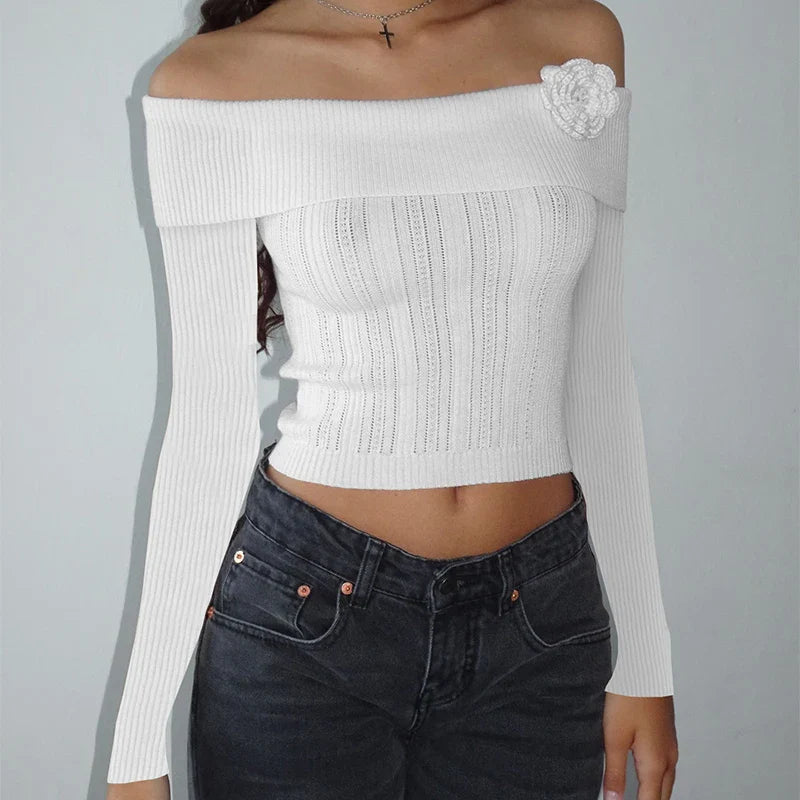 JazzHer Elegant Long Sleeve Sweaters Crop Top Vintage 3D Floral Knit Pullovers T-shirt Fairy Coquette Off Shoulder Knitwear Streetwear