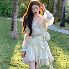 JazzHer 2024 New Holiday Dress Women Summer Long Sleeve V-Neck Bubble Sleeve Chiffon Beach Printed Dress Irregular Fairy Dress Boho