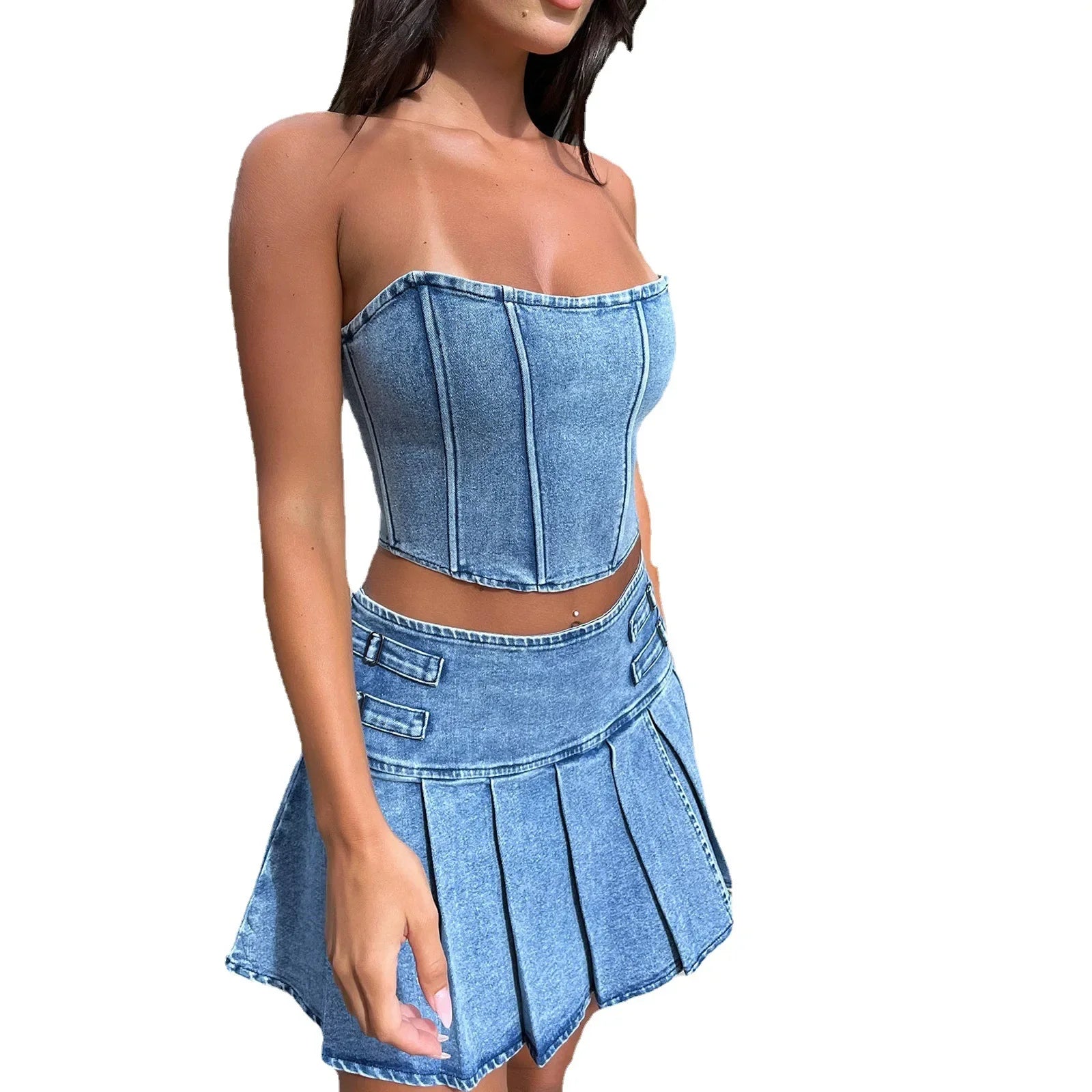 JazzHer Denim Dress Sets Strapless Pullover Tops Solid Pleated Mini Skirts Spliced High Waist Skirt Matching Sets Streetwear Autumn