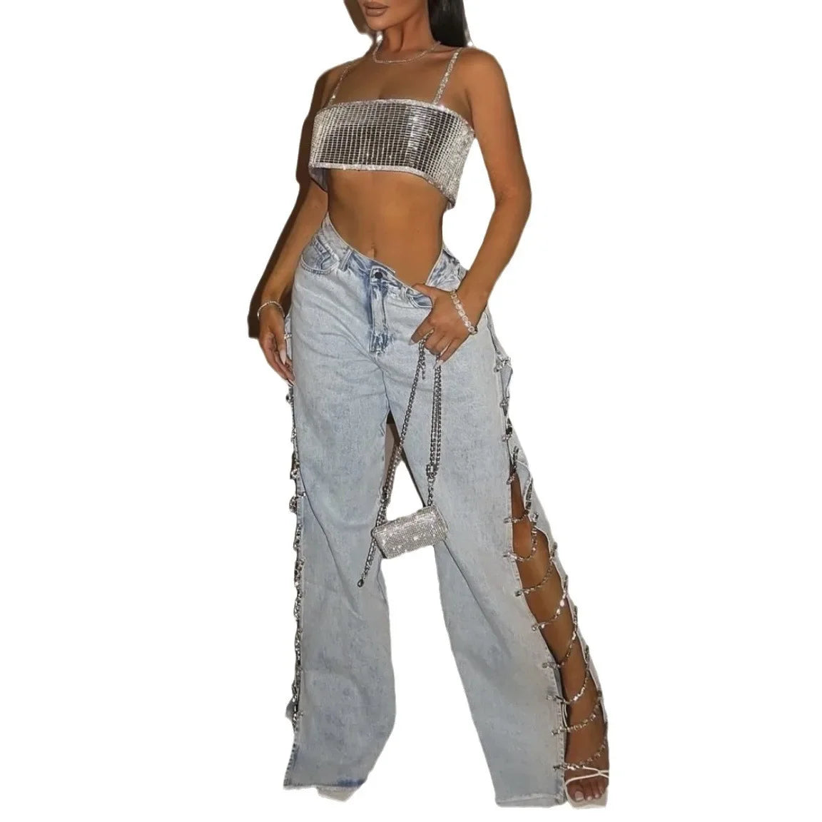 JazzHer Women Sexy Denim Wide Leg Pants Low Waist Denims Vintage Jeans Casual Trousers Hollow Out Split Diamonds Chain Floor Length