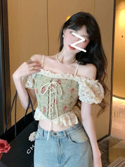 JazzHer Casual Floral Y2k Crop Tops Woman Outwear Slim Short Sleeve Elegant Blouse Office Lady Korean Style Fashion Pullover 2024 Summer