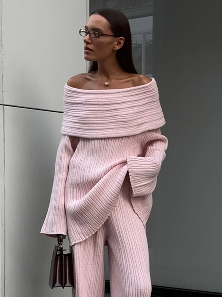 JazzHer Elegant One-Shoulder Knitted Dress For Women Loose Sexy Rib knit Sweater Autumn Winter Midi Dresses Female Long Sleeve