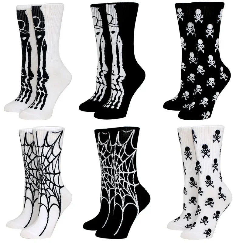 JazzHer New Casual Women Socks Halloween Socks creative Cosplay Long Socks Bone web Male Socks Black & White Socks Couple socks