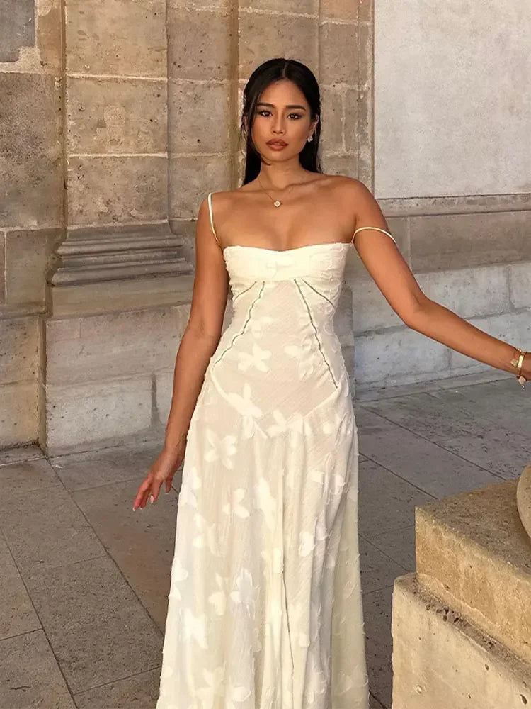 JazzHer White Floral Print Wrap Waist Spaghetti Strap Maxi Dress Women Sexy U Neck Sleeveless Backless Long Robe Elegant Party Vestidos