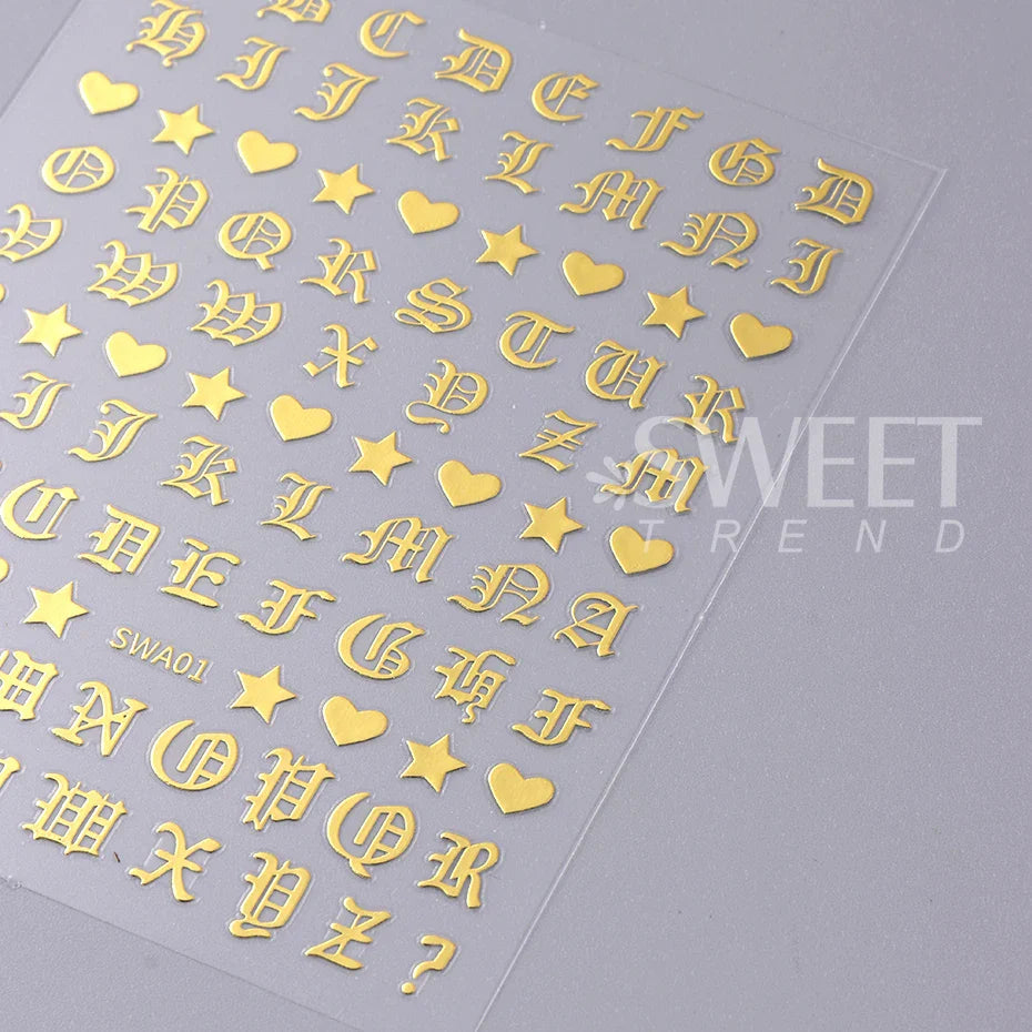 JazzHer 3D Roman Letter Nail Stickers Golden Silver Black Alphabet Design Self Adhesive Decal English Words Sliders Manicure Decoration