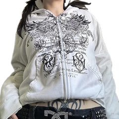 JazzHer 2024 Fall Fashion Gothic Harajuku Mall Goth Hoodies 2000s Y2K Cyber Grunge Emo Zip Up Sweatshirts Vintage Graphics Print Coat Streetwear